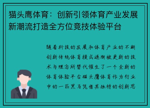 猫头鹰体育：创新引领体育产业发展新潮流打造全方位竞技体验平台